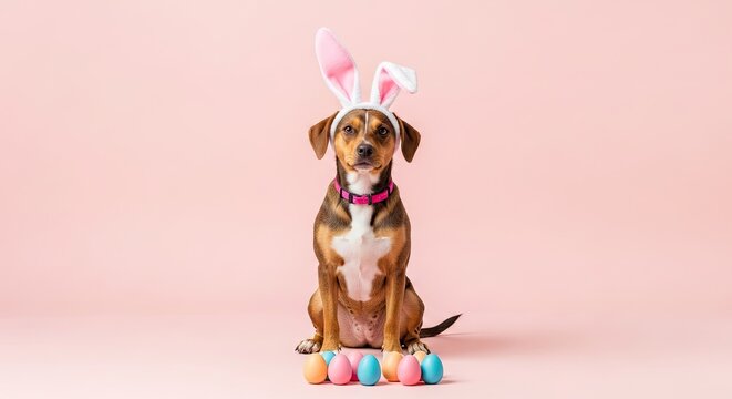 Easter sunday celebration with adorable dog wearing bunny ears and colorful eggs