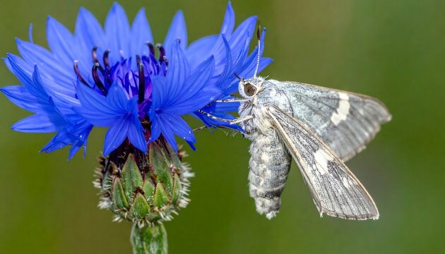 Silver Y Moth on a Vibrant Blue Cornflower Blossom.