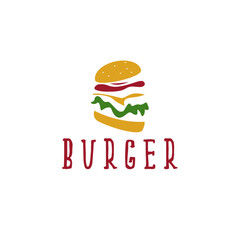 Burger with lettuce and tomato in yellow and red colors for restaurant logo vector