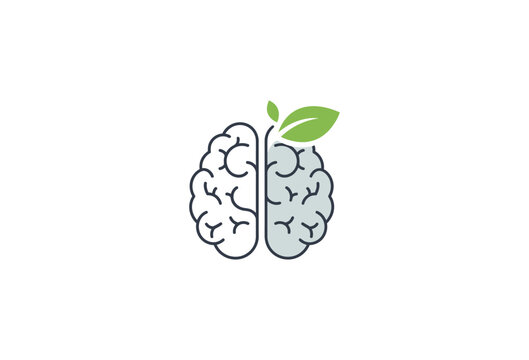 Creative vector graphic illustration of a human brain with a green leaf symbolizing growth, ideas, nature, and mental health on transparent background. on transparent background