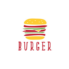Burger with lettuce and tomato in yellow and red colors for restaurant logo vector