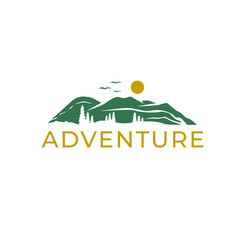 Mountain range with pine trees, birds, and sun for adventure logo vector