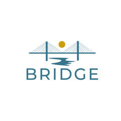 Bridge silhouette with river and sun for construction logo vector