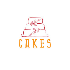 Three-layered cake outline with decorative leaves in red and orange colors for bakery logo vector