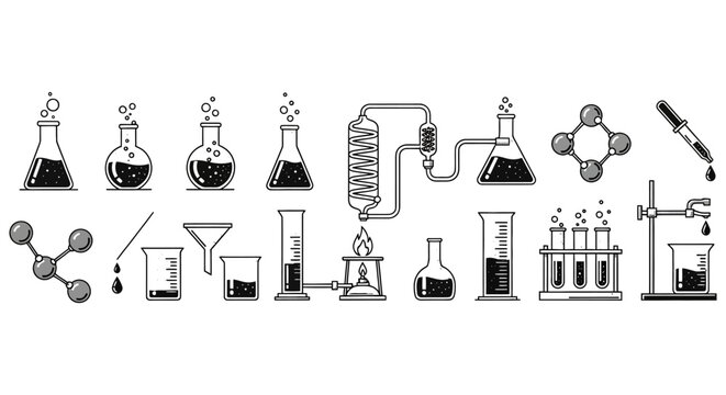 A collection of hand drawn chemistry equipment and molecular structures in black and white