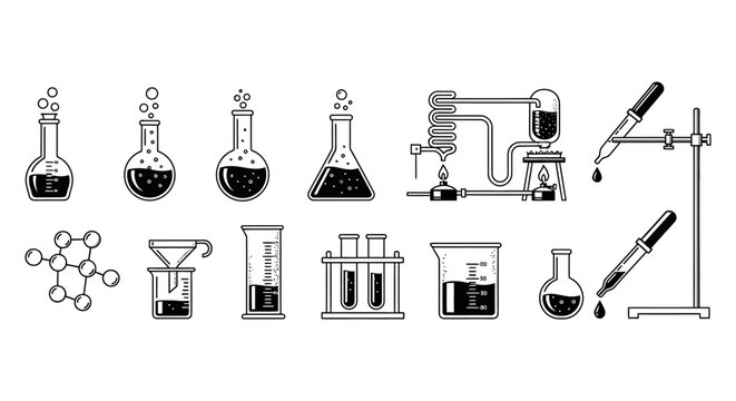 Vintage chemistry equipment illustration beakers flasks and laboratory glassware high quality