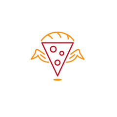 Pizza slice with crust and wings in red and orange colors for restaurant logo vector