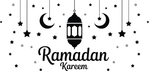 Ramadan Kareem greeting card with hanging lantern crescent moons and stars Islamic holiday background design, flat vector illustration © Creative Soul