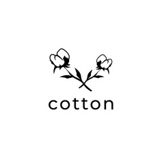 Two cotton bolls on crossed stems with leaves in black color for organic textile logo vector.