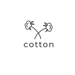 Two cotton bolls on crossed stems with leaves in black color for organic textile logo vector.