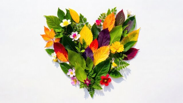 Leaf and flower heart composed with autumn colors on white.