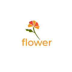 Stylized poppy flower with orange and red segmented petals on a green stem for nature logo vector