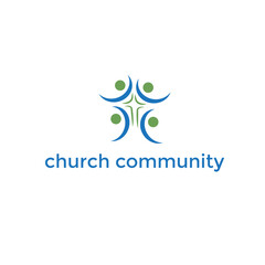 Abstract logo featuring four stylized human figures in blue and green arranged in a circle around a central cross for church community