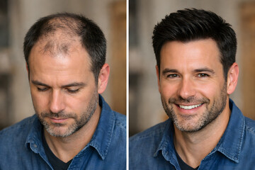 Fototapeta premium Before and after views showcasing the transformative effect of hair restoration treatment, highlighting improved hair density, rejuvenation of scalp health, and renewed confidence for cosmetic