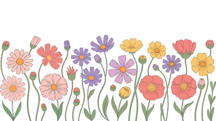 Creative minimalist abstract art border featuring vibrant hand-drawn wild flowers, delicate leaves, and diverse floral plants, perfect for a charming scribble doodle design
