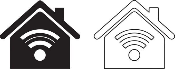 Vector Smart home WiFi icon set in flat and outline styles,Minimalist house with wireless signal symbol