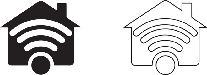 Vector Smart home WiFi icon set in flat and outline styles,Minimalist house with wireless signal symbol