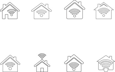 Vector minimalist outline smart home WiFi icons for IoT and automation , Minimalist line art smart building icons with WiFi waves