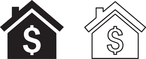 Vector House with dollar sign icon set in flat and outline styles for real estate finance,Real estate money icon duo pack