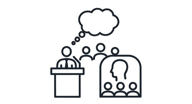 Simple line drawing of a person thinking with a speech bubble and a potted plant
