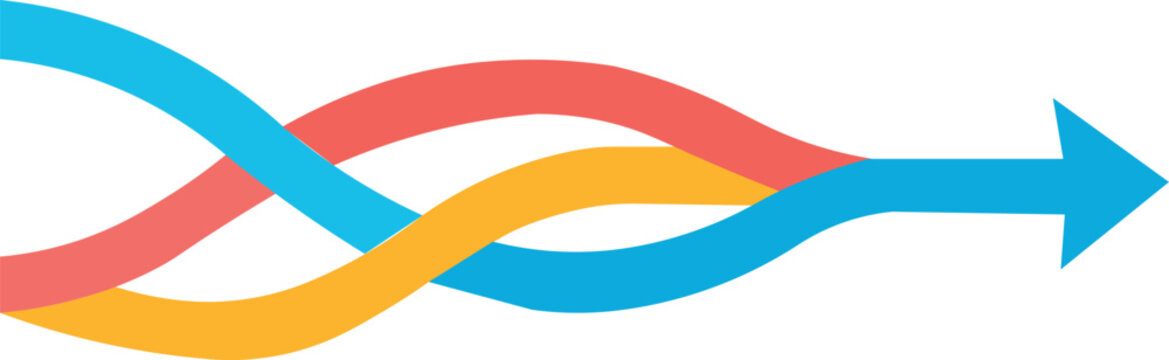 three colorful intertwining wave ribbon strands merging into single arrow for diversity collaboration teamwork communication or multicultural brand identity