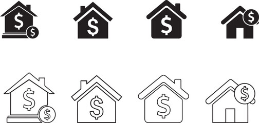 Vector minimal house with dollar sign icons for real estate investment , Minimalist black house silhouettes with dollar sign