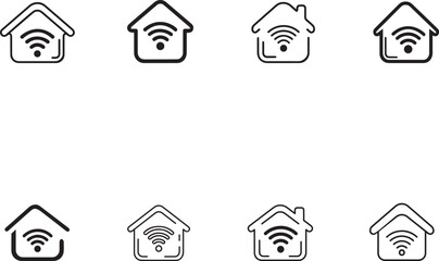 Vector rounded outline smart home WiFi icons for modern UI design , minimalist line art house icons with wireless signal