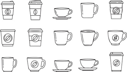 Vector minimalist outline coffee cup and mug icons for cafe branding,Thin line coffee to-go cups and ceramic mugs icon