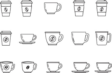 Vector minimalist outline coffee cup and mug icons for cafe branding,Thin line coffee to-go cups and ceramic mugs icon