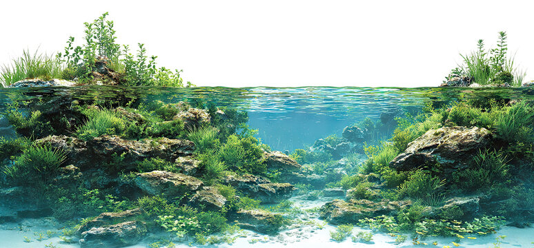 Freshwater underwater scene with rocks and green plants, isolated on transparent cutout background