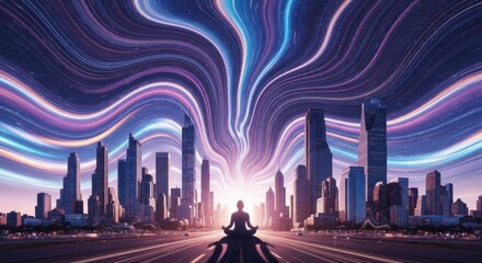 Meditating Figure in Cityscape with Energy Flow and Light.