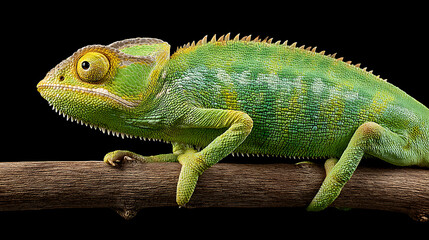 Obraz premium Green Chameleon Perched on a Branch Against Black Background