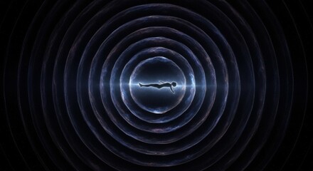 Mysterious Figure Surrounded by Concentric Energy Waves in Darkness.