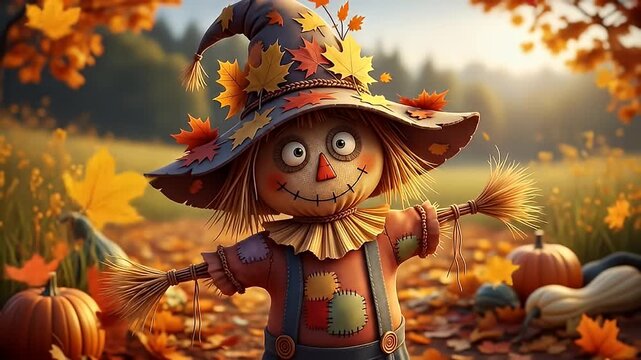 Whimsical scarecrow in autumn setting, fallen leaves and pumpkins accent the colorful scene