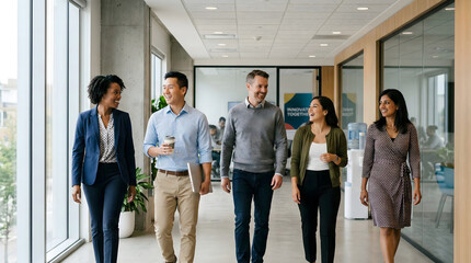 Obraz premium A group of diverse business colleagues walking together in a modern office hallway