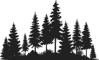 Black coniferous forest silhouette with pine and spruce trees isolated on white, silhouette drawing flat vector illustration