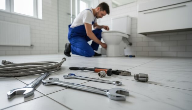 A professional plumber performs toilet repair in a modern bathroom setting. Various plumbing tools are laid out for efficient home service