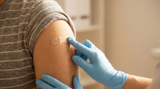 Close-up of bandage on arm after injection care
