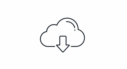 Simple line drawing of a cloud with a downward arrow symbolizing data download or cloud storage.