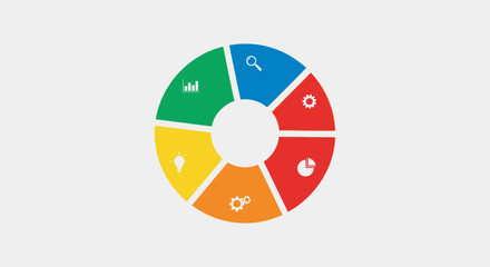 Colorful circular infographic template with six distinct segments, each featuring an icon representing business processes like analysis, strategy, and innovation. Perfect for presentations