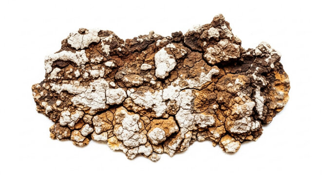 Detailed view of lichen on tree bark with white brown and orange patches on a plain background