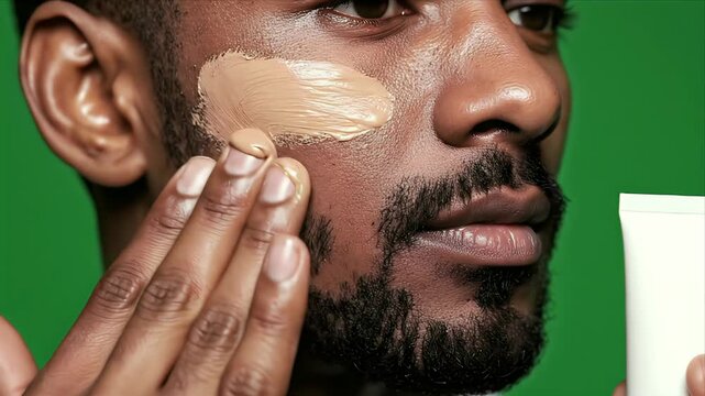 Close-up of dark-skinned man applying foundation with a tube on green screen showing skin care routine and makeup