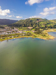 Aerial View of Sete Cidades Lake and Green Volcanic Crater, S&atilde;o Miguel Island, Azores