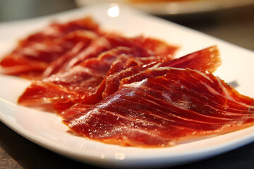 Sliced cured meat served on a white plate in a rustic setting