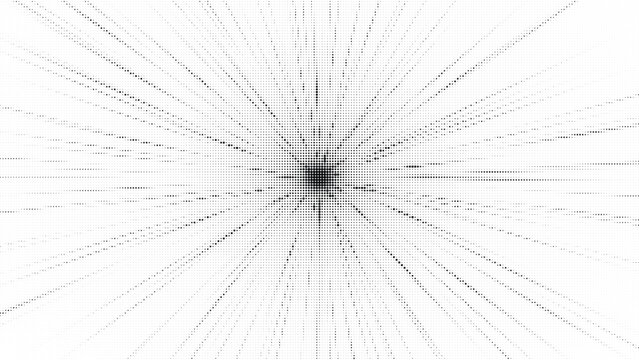 Abstract radial burst pattern, black dots on halftone dots, background, science fiction concept, energetic explosion, zoom effect, futuristic design, light speed