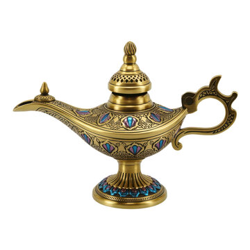 An ornate, golden genie lamp with intricate designs and a handle. isolated on transparent background