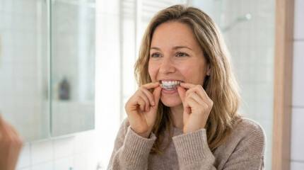 Smiling woman putting on a clear dental aligner in front of a bathroom mirror during her routine teeth straightening process