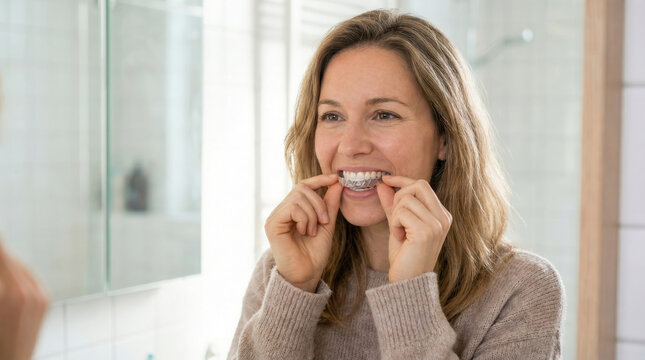 Smiling woman putting on a clear dental aligner in front of a bathroom mirror during her routine teeth straightening process