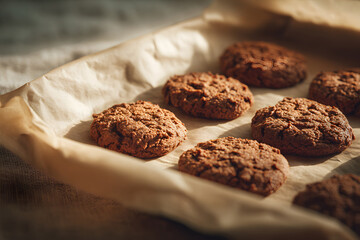 Fototapeta premium Freshly baked cookies with chocolate chips on parchment paper in a cozy kitchen setting