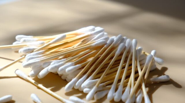 Eco product. Bamboo cotton buds on beige background. Biodegradable ear swabs. Sustainable lifestyle	